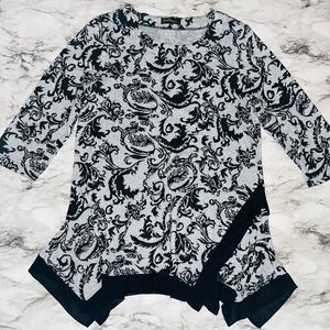 Christine Phillipe 3/4 Sleeve Tunic Shirt Grey Floral Handkerchief Hem Women M